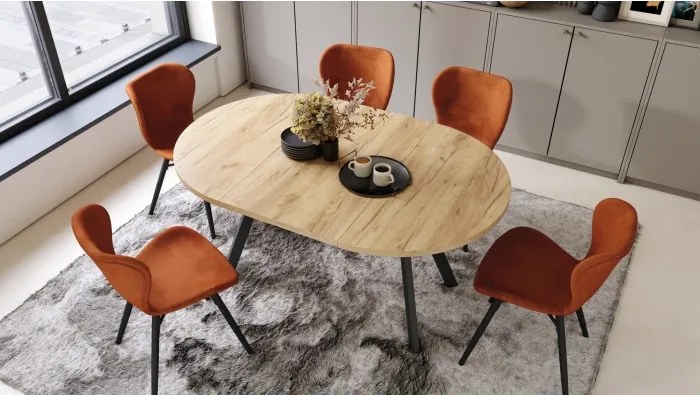 АЛМО Дъб Крафт злато/черни крака - КРЪГЛА РАЗТЕГАТЕЛНА МАСА С Y-ОБРАЗНИ КРАКА В ЛОФТ/ИНДУСТРИАЛЕН СТИЛ ЗА ХОЛ ИЛИ ТРАПЕЗАРИЯ