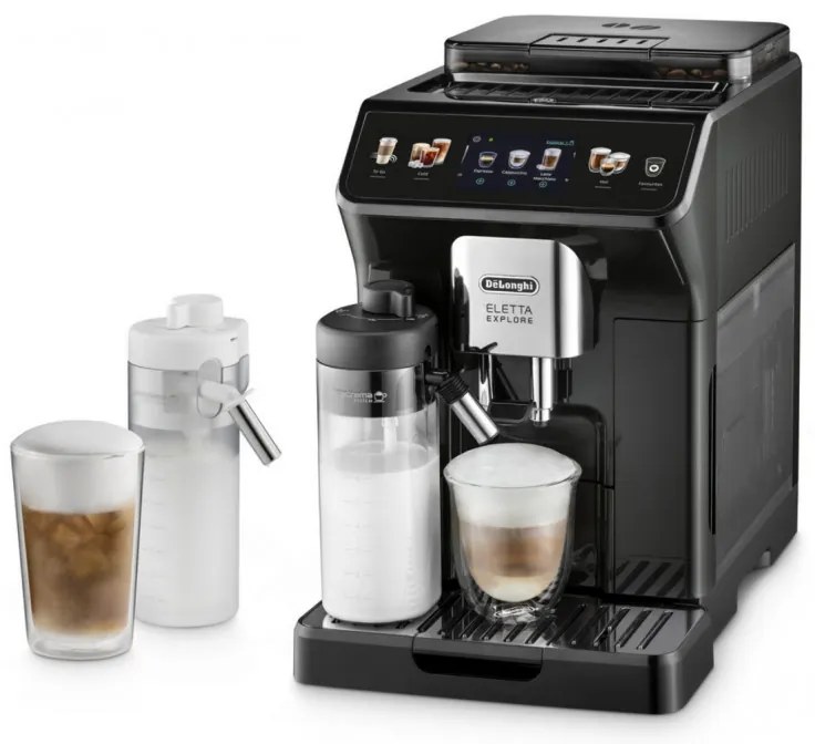 Кафеавтомат DeLonghi Eletta Explore ECAM450.65.G, 1450W, 19 bar, 1.8l, Wi-Fi, Сензорен TFT дисплей, LatteCrema hot/cool, Twin Shot, To-Go, +Мляно кафе, Черен/сив