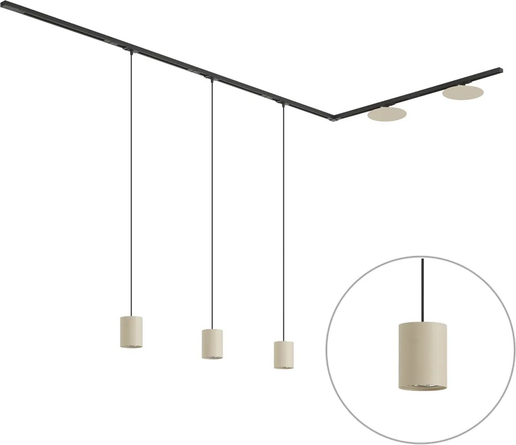 Modern railsysteem zwart met 3 hanglampen en 2 plafondlampen beige 1-fase - Iconic Holt Pulley