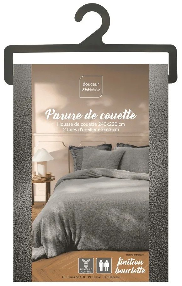 Антрацитно двойно удължено спално бельо от микроплюш 240x220 cm Helena – douceur d'intérieur