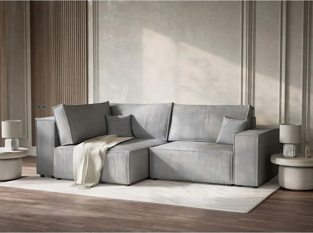 Сив сгъваем/с място за съхранение ъглов диван от рипсено кадифе (ляв ъгъл/L форма) Tonga – Maison de Rêve
