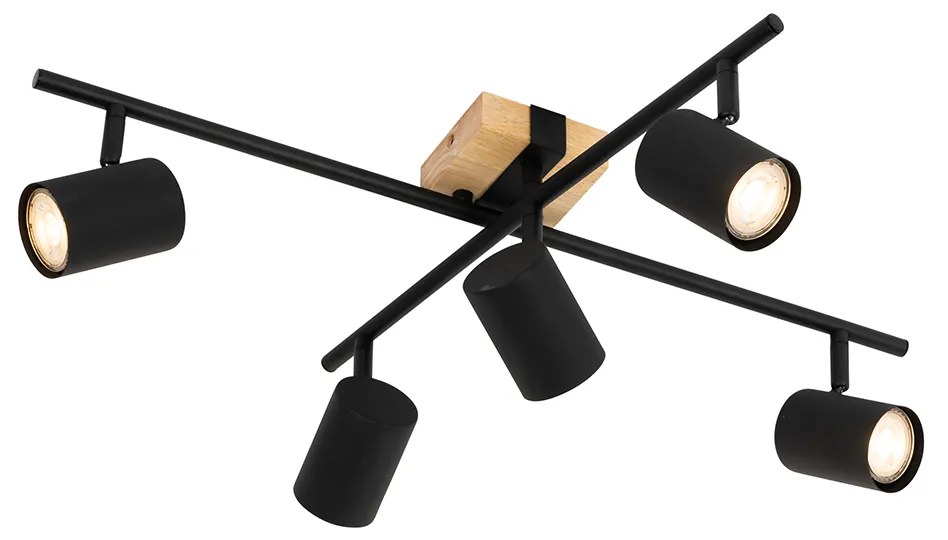 Таванна лампа черна с дърво 5-светлина регулируема правоъгълна - Jeana