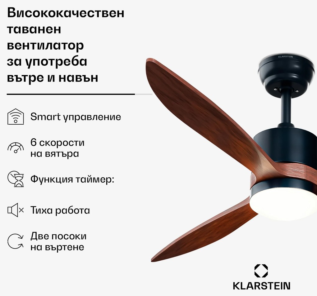 Klarstein Таванен вентилатор SkyBreeze Smart, Използване на открито и закрито, Интелигентно управление, IP44, 40 dB