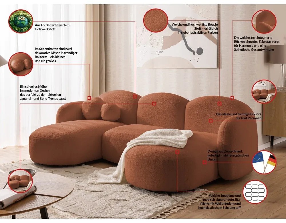 Теракотен ъглов диван от прежда с примки от букле (U форма) Orbit – Ropez