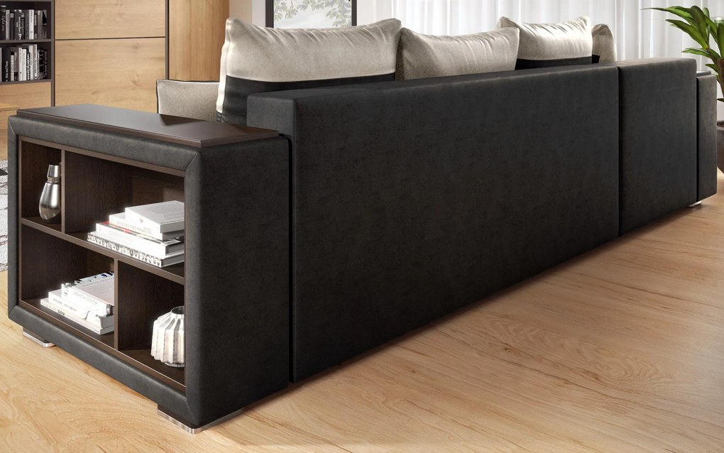 Разтегателен ъглов диван с подлакътник етажерка Мелвин