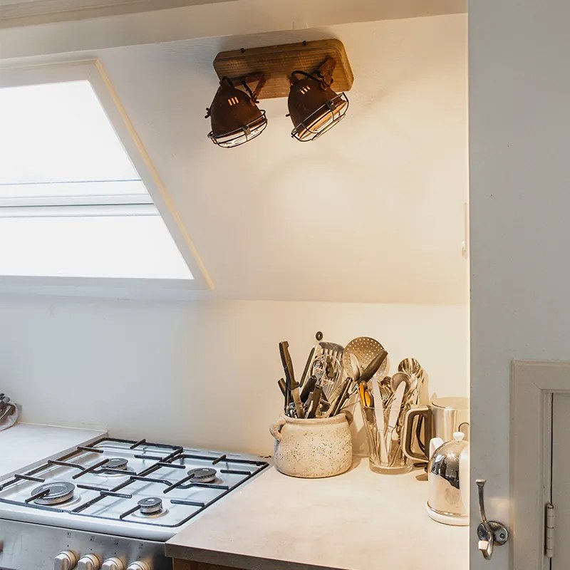 Индустриален прожектор ръждиво кафяв с дърво наклонен 2-светлина - Gina