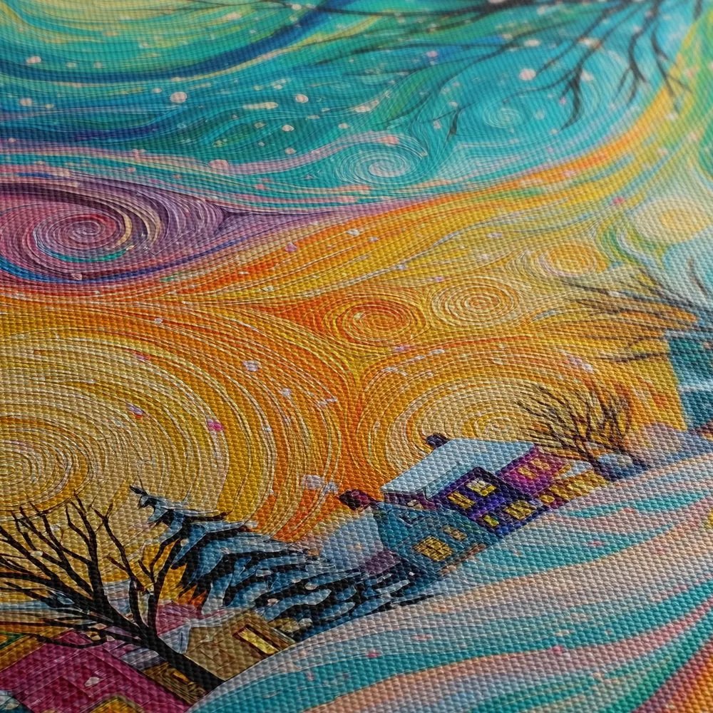 Картина на платно Коледна – Цветни къщи в магическа нощ