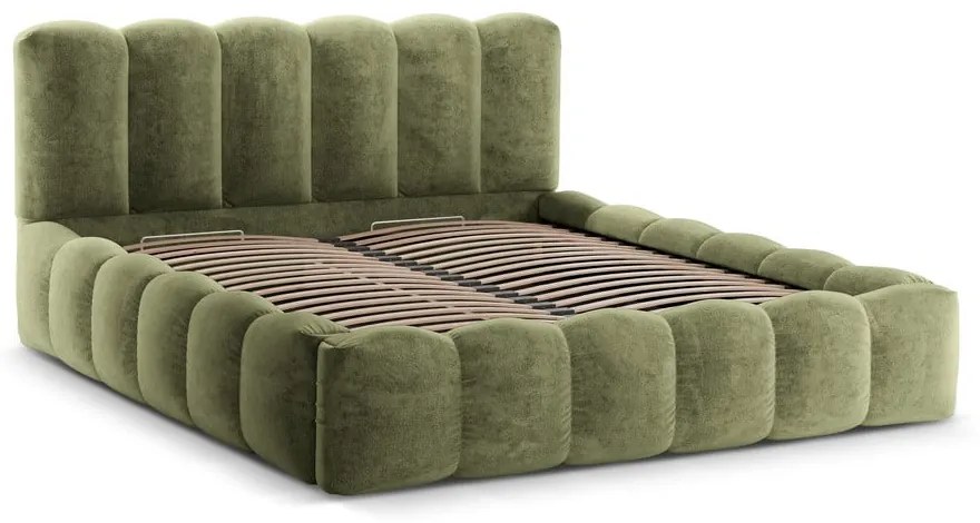 Зелено тапицирано двойно легло с място за съхранение с включена подматрачна рамка 160x200 cm Lupine – Micadoni Home