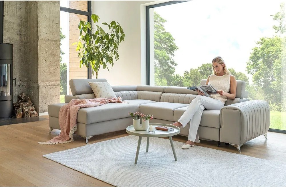 Сив кадифен разтегателен ъглов диван с място за съхранение (десен ъгъл L форма) Laurence – ELTAP