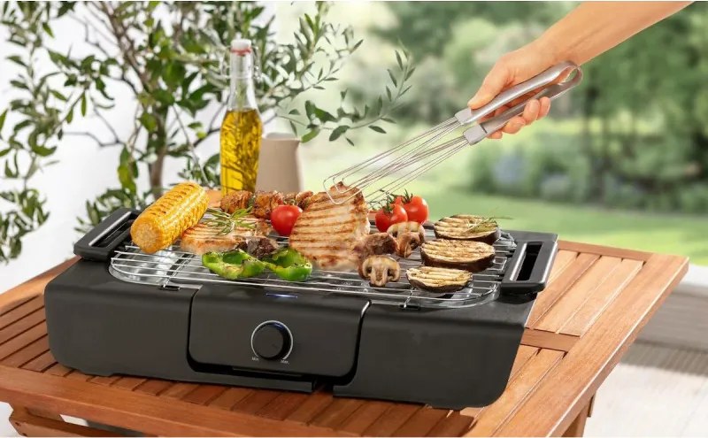 Електрическа скара Royalty Line RL-SBGT2000, 2000W, 38х28 см, Сгъваема стойка, 200C, Термостат, Тава за отцеждане, Черен