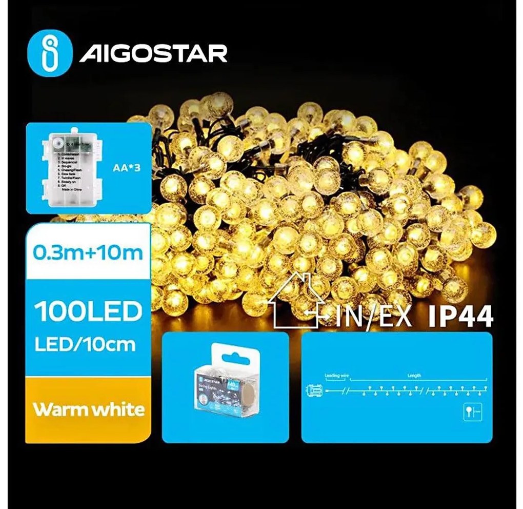 Aigostar - LED Екстериорни лампички 100xLED/3xAA/8 функции 10,3 м IP44 топло бял