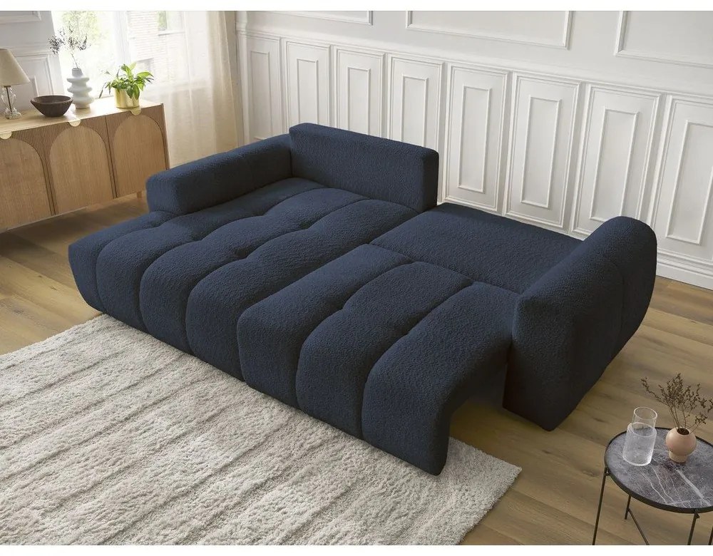 Син сгъваем/с място за съхранение ъглов диван от прежда с примки от букле (ляв ъгъл) Roxelane – Bobochic Paris