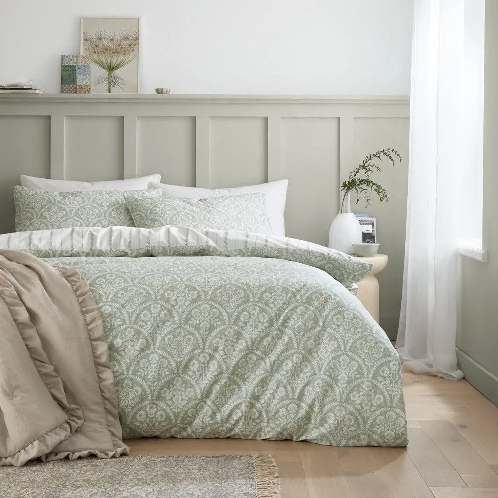 Бяло-зелено единично спално бельо от памук перкал 135x200 cm Scallop Floral – Bianca