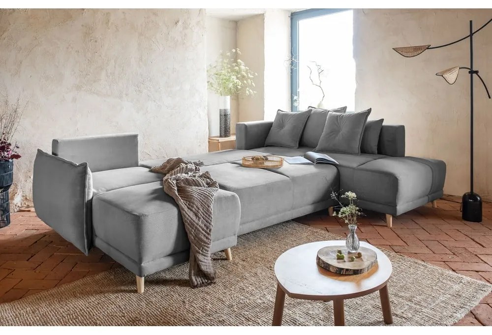 Ъглов разтегателен диван от сив велур (десен ъгъл/U-образна форма) Lazy Lukka - Miuform