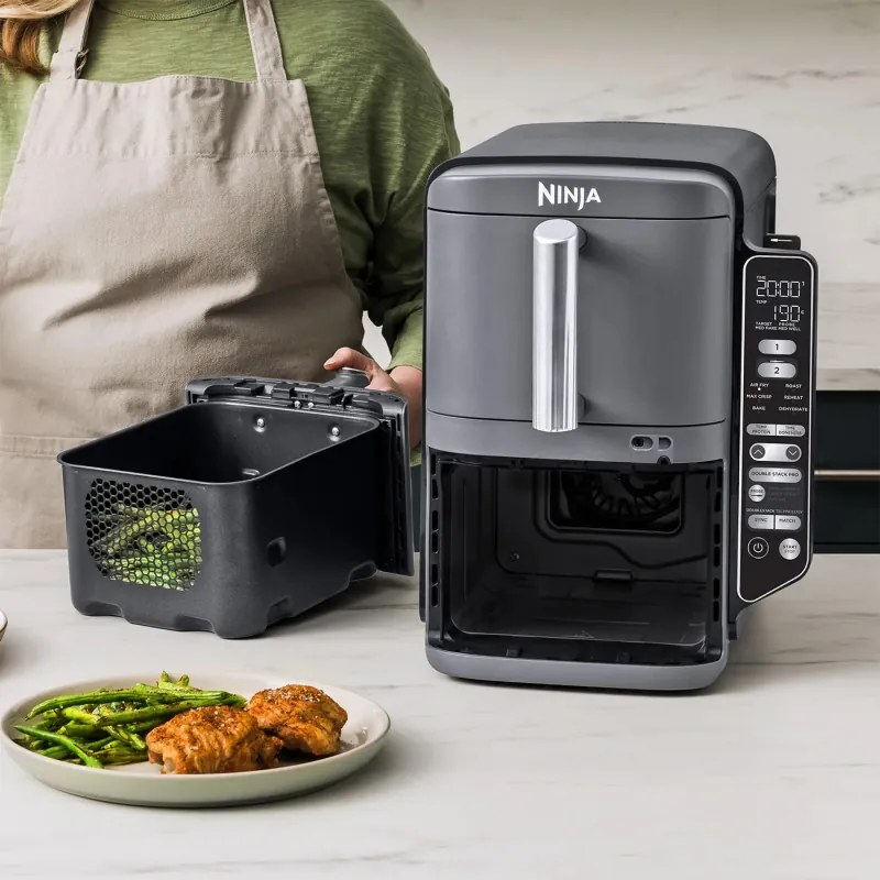 Двоен фритюрник с горещ въздух Ninja SL451EU, 2470W, 9.5 л, Цифров термометър, 2 кошници, 6 програми, Max Crisp, Sync & Match, Сив