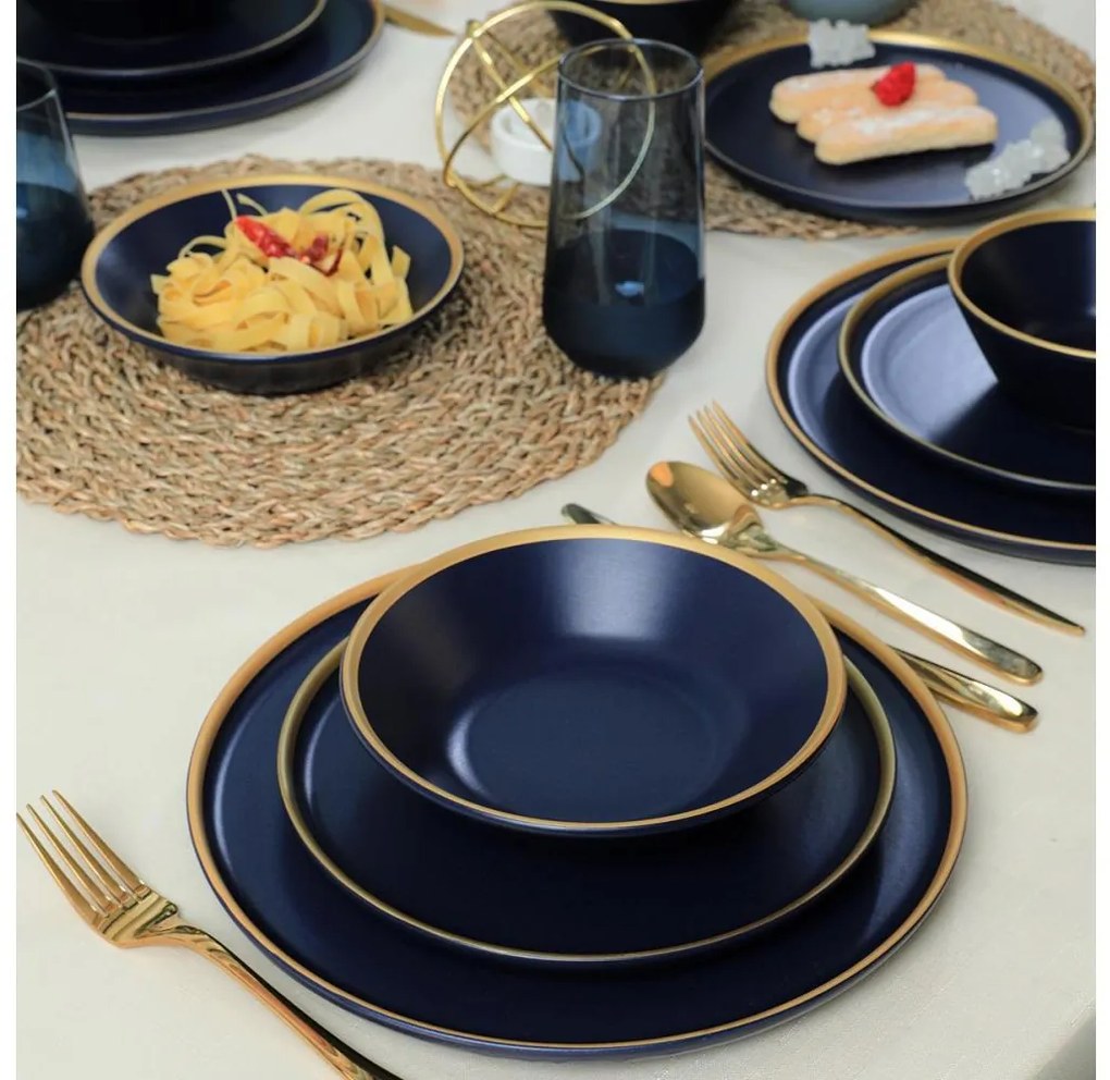 Керамичен комплект за хранене от 24 части, син/златист