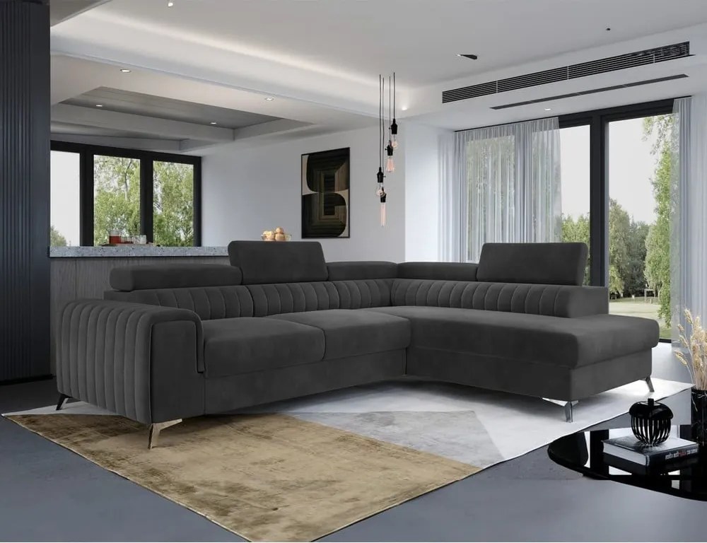 Тъмносив кадифен разтегателен ъглов диван с място за съхранение (десен ъгъл L форма) Laurence – ELTAP