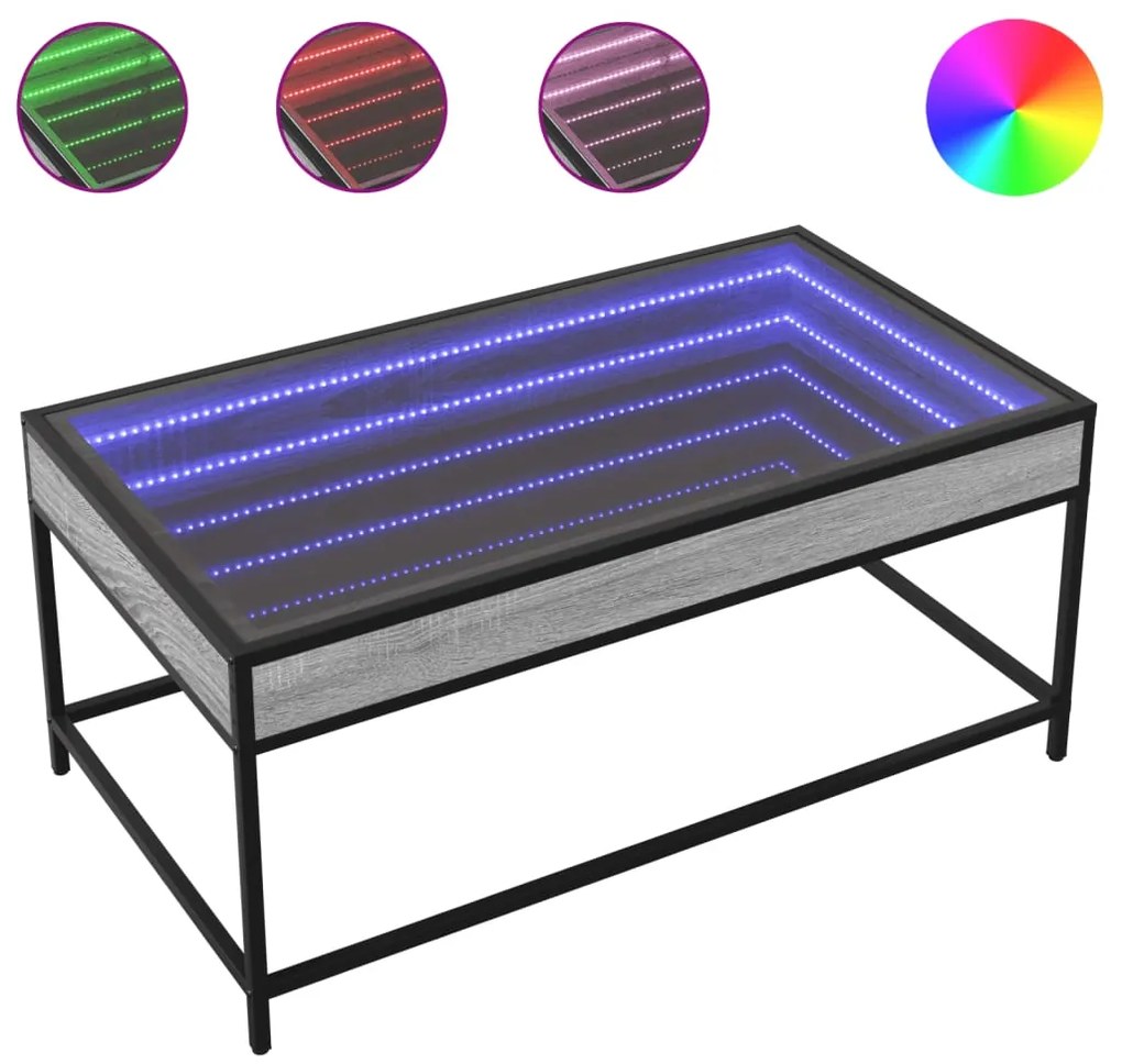 847690 vidaXL Маса за кафе с Infinity LED, сив сонома, 90x50x41 см