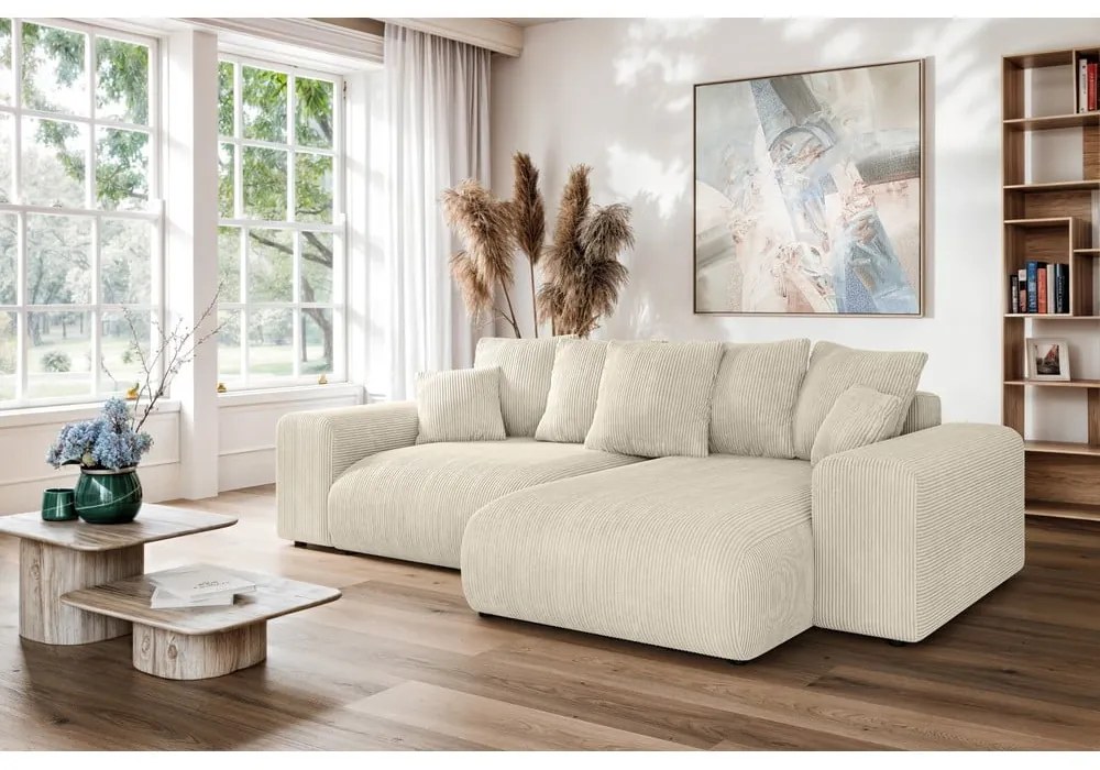 Кремав разтегателен ъглов диван с място за съхранение от рипсено кадифе (променлив) Luma – Ropez