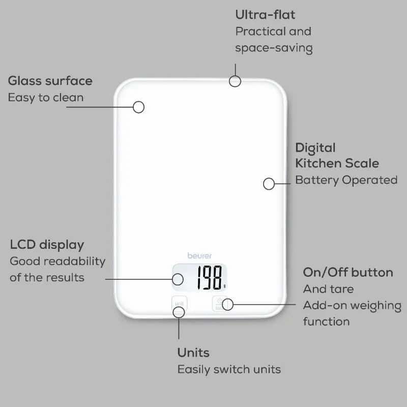Кухненска везна Beurer KS 19 Pure White, До 5 кг, ТАРА, Сензорно управление, LCD, Стъкло, Ултратънка, Бял
