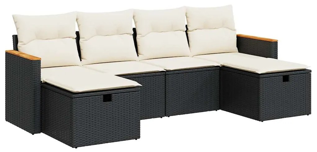 3325941 vidaXL Градински диван с възглавници, 6 части, черен, полиратан
