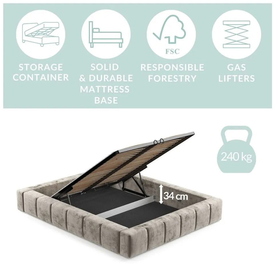 Бежово тапицирано двойно легло с място за съхранение с включена подматрачна рамка 180x200 cm Aruba L – Maison de Rêve