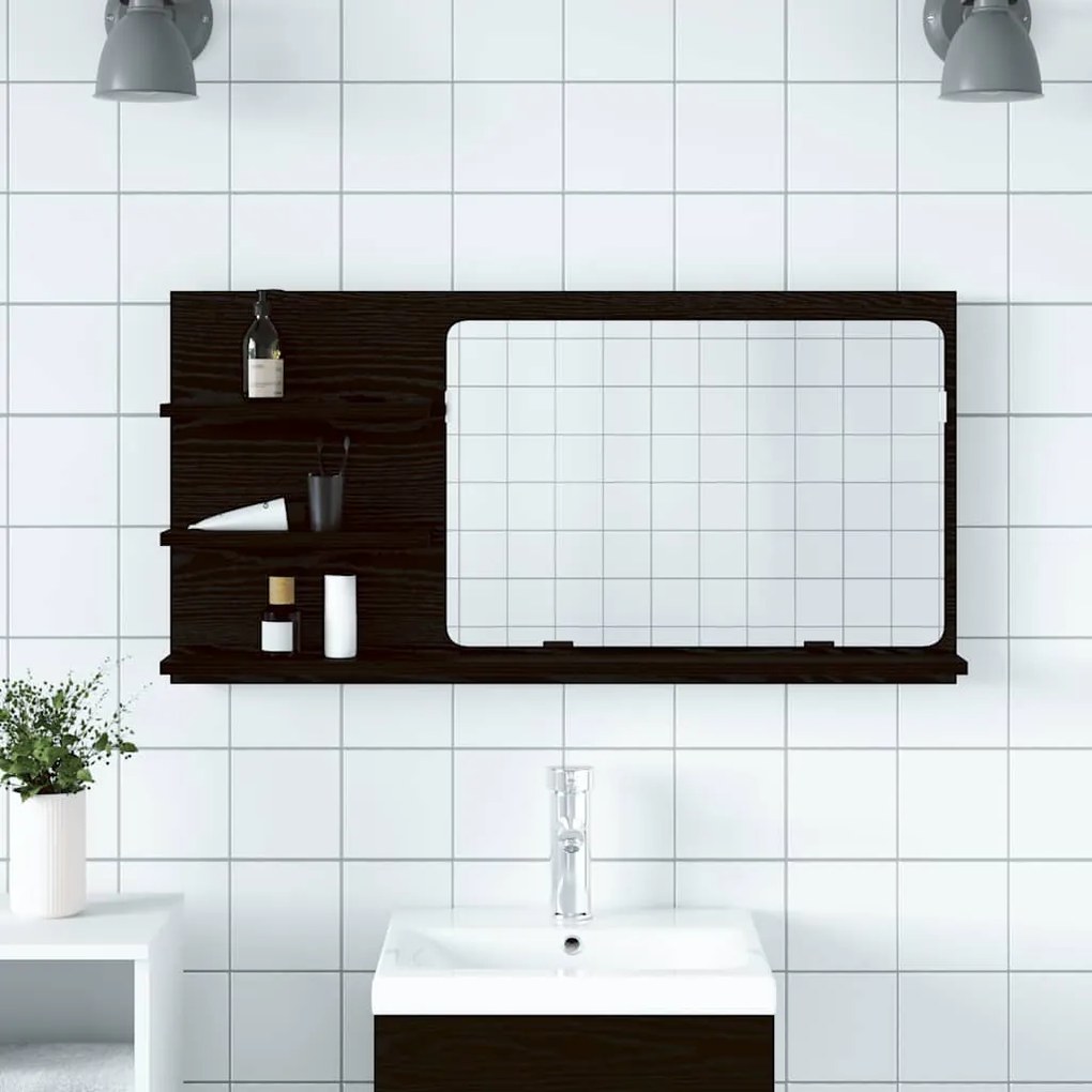 862029 vidaXL Шкаф за баня с огледало, черен дъб, 90x11x45 см, инженерно дърво