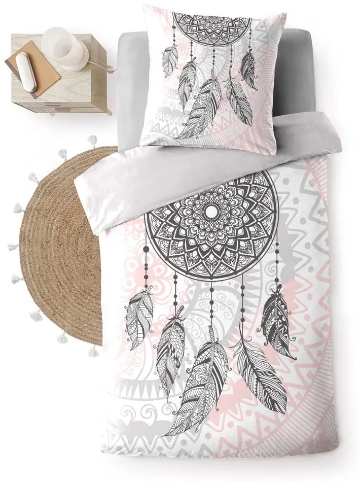 Бяло-розово единично памучно спално бельо 140x200 cm Namaste – douceur d'intérieur