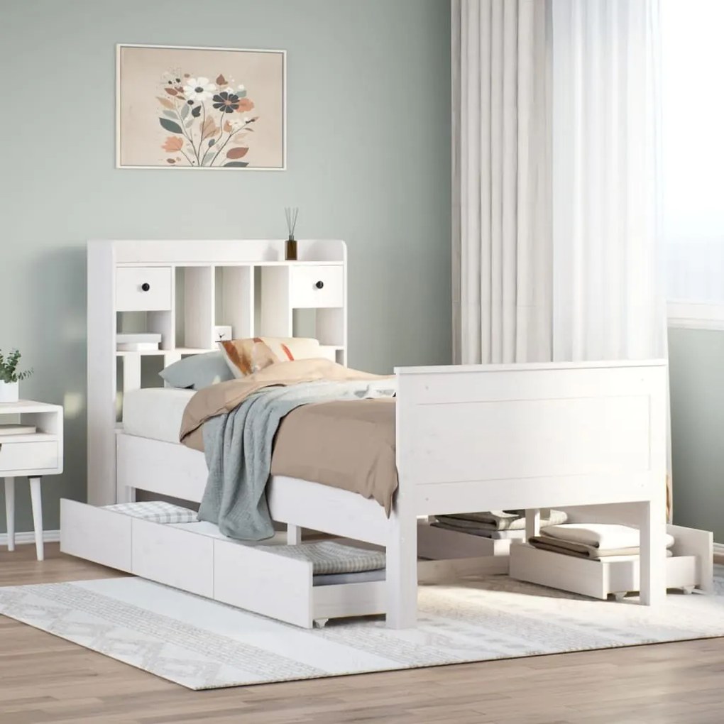 3308946 vidaXL Легло с рафтове за книги, без матрак, бял, 75x190 см, бор масив
