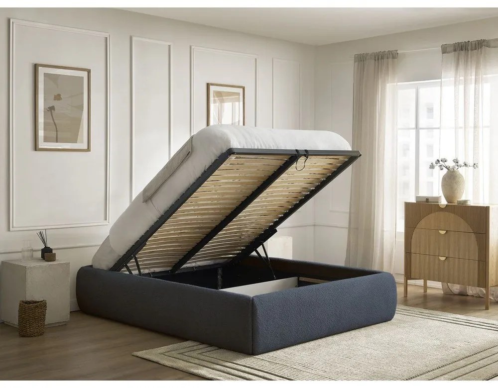 Тъмносиньо тапицирано двойно легло без табла с място за съхранение и включена подматрачна рамка 180x200 cm Inera – Bobochic Paris