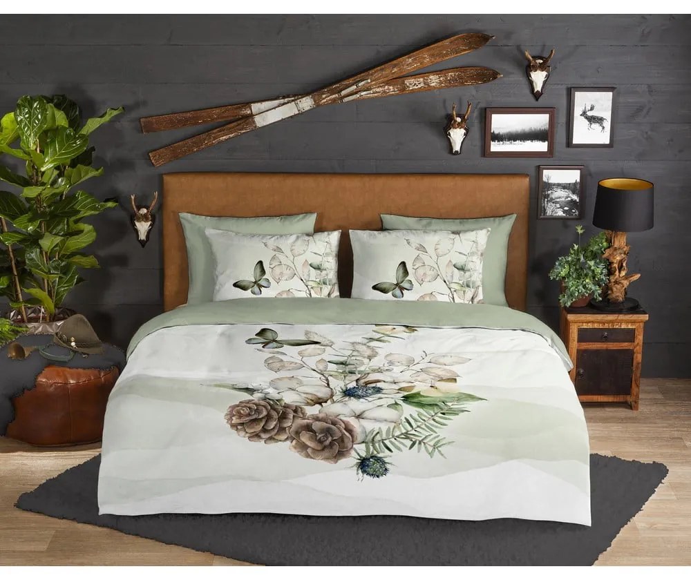 Зелено-кремаво единично удължено фланелено спално бельо 140x220 cm Marjan – Good Morning