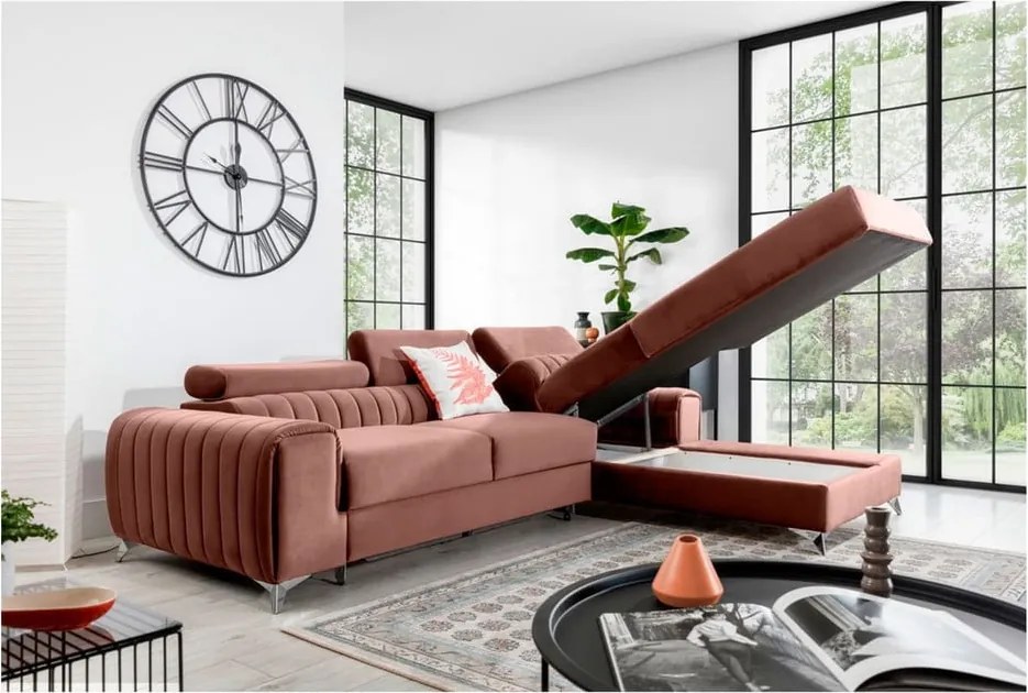 Розов кадифен разтегателен ъглов диван с място за съхранение (десен ъгъл) Grayson – ELTAP