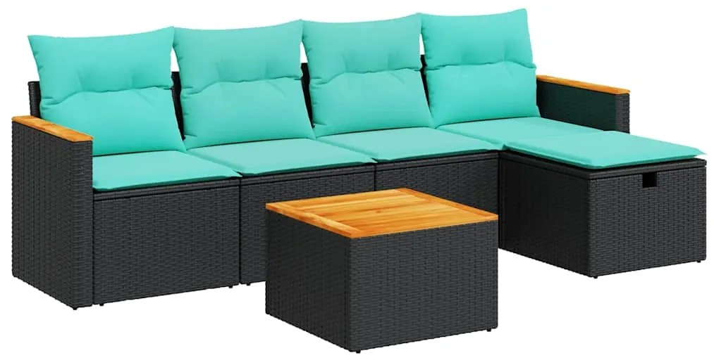 3325907 vidaXL Градински диван с възглавници, 6 части, черен, полиратан