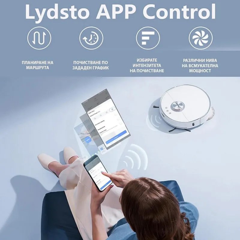 Прахосмукачка робот Xiaomi Lydsto W2, 50W, 5000 Pa, 0.35 л, Автоматична станция, Wi-Fi, Система против падане, Функция "График", HEPA, Бял