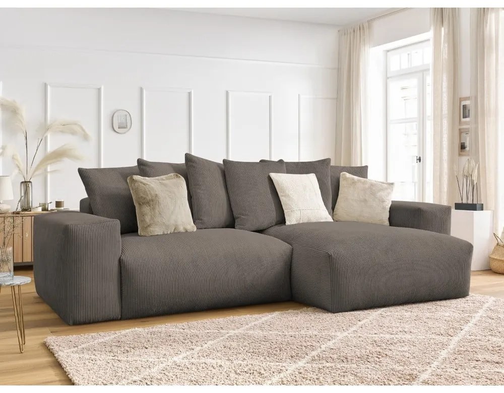 Кафяво-сив сгъваем/с място за съхранение ъглов диван от рипсено кадифе Voltaire – Bobochic Paris
