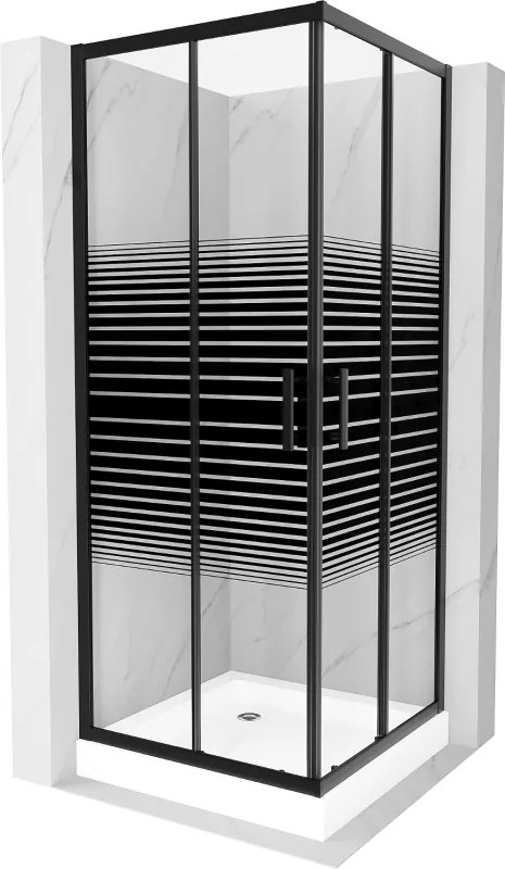Mexen Rio Квадратна душ кабина 80 x 80 см, черни ивици, черна + поддушово корито, бял - 860-080-080-70-20-4510