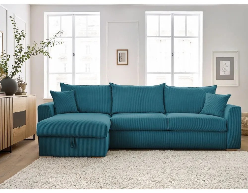 Син разтегателен ъглов диван от рипсено кадифе (променлив) Augustin – Bobochic Paris