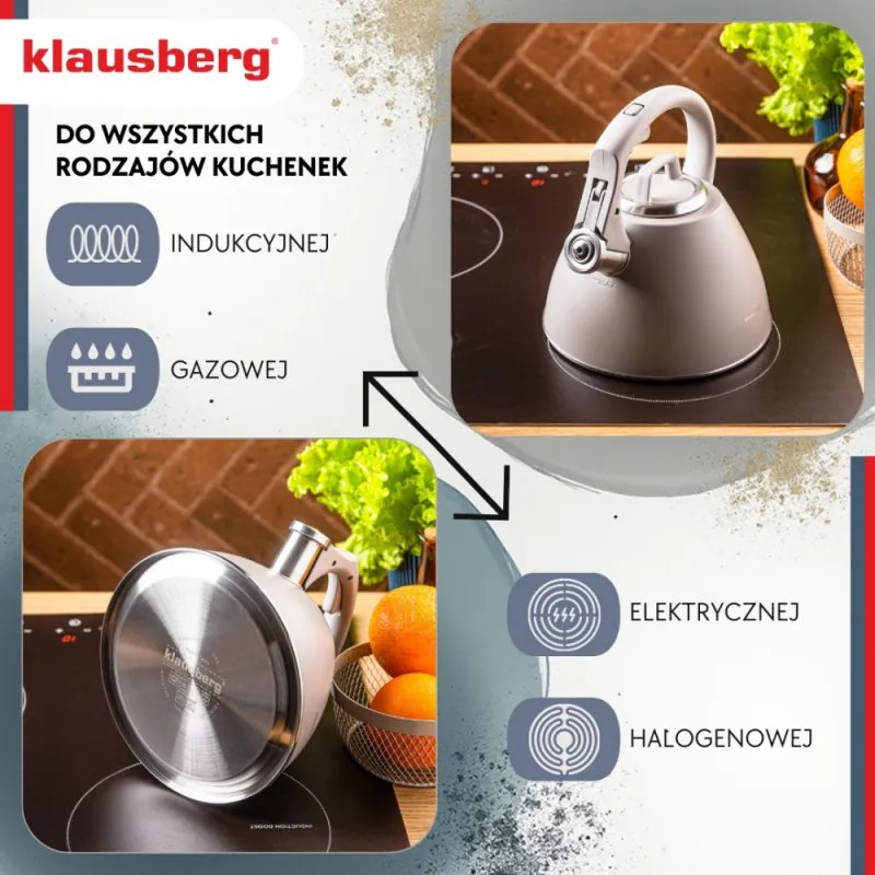 Свирещ чайник Klausberg KB 7953, 2.5 л, Неръждаема стомана, Топлоизолирана дръжка, Индукция, Бежов