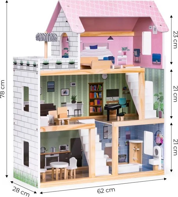 Многоетажна дървена къща за кукли с мебели