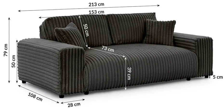 Тъмносив диван от рипсено кадифе 213 cm Justin – Ropez