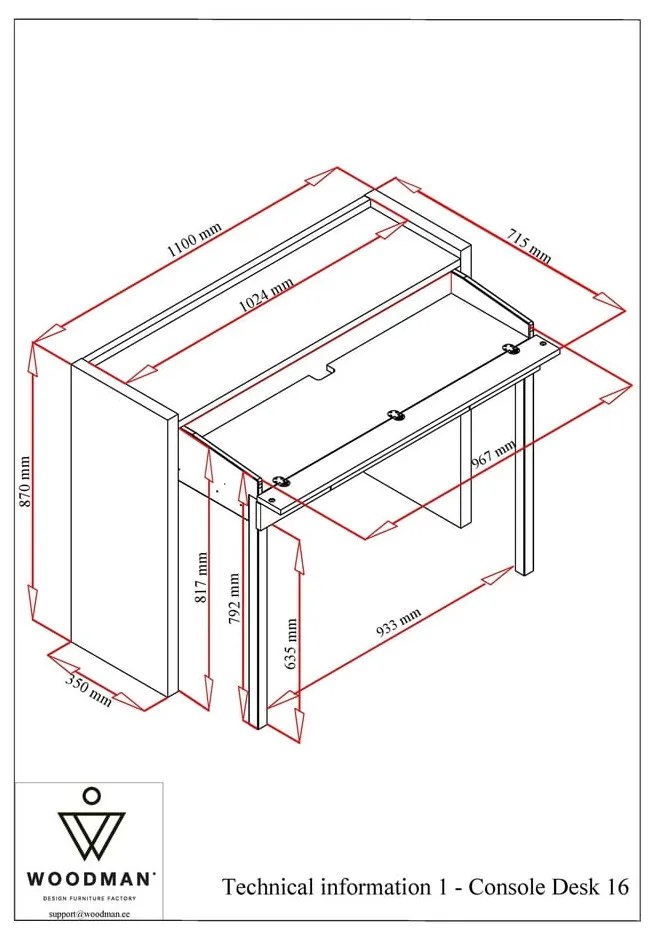 Сиво разтегателно бюро 36x110 cm Mel - Woodman