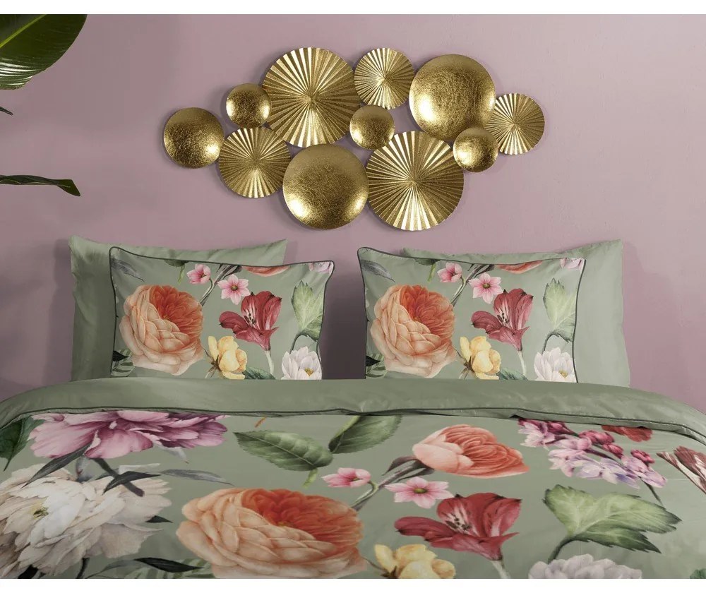 Зелено двойно удължено спално бельо от памучен сатен 200x220 cm Fiori – Descanso