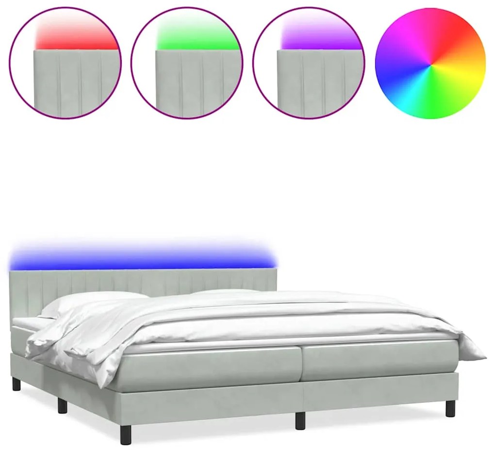 3317133 vidaXL Боксспринг легло с матрак и LED, светлосиво, 180x220 см, кадифе