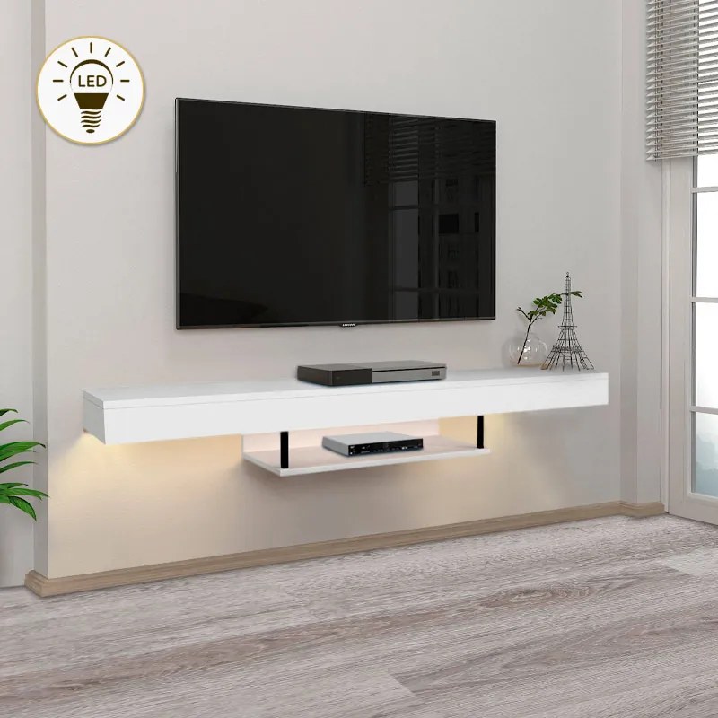 Албарес меламинов стенен ТВ шкаф с LED осветление в бял цвят 150x29.6x22см.