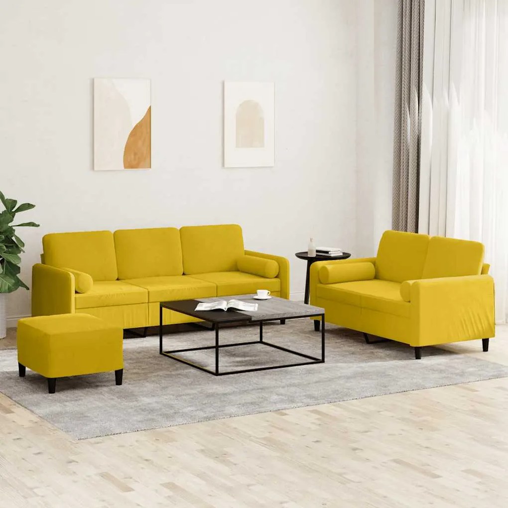 3202050 vidaXL Комплект дивани от 3 части с възглавници, жълт, кадифе