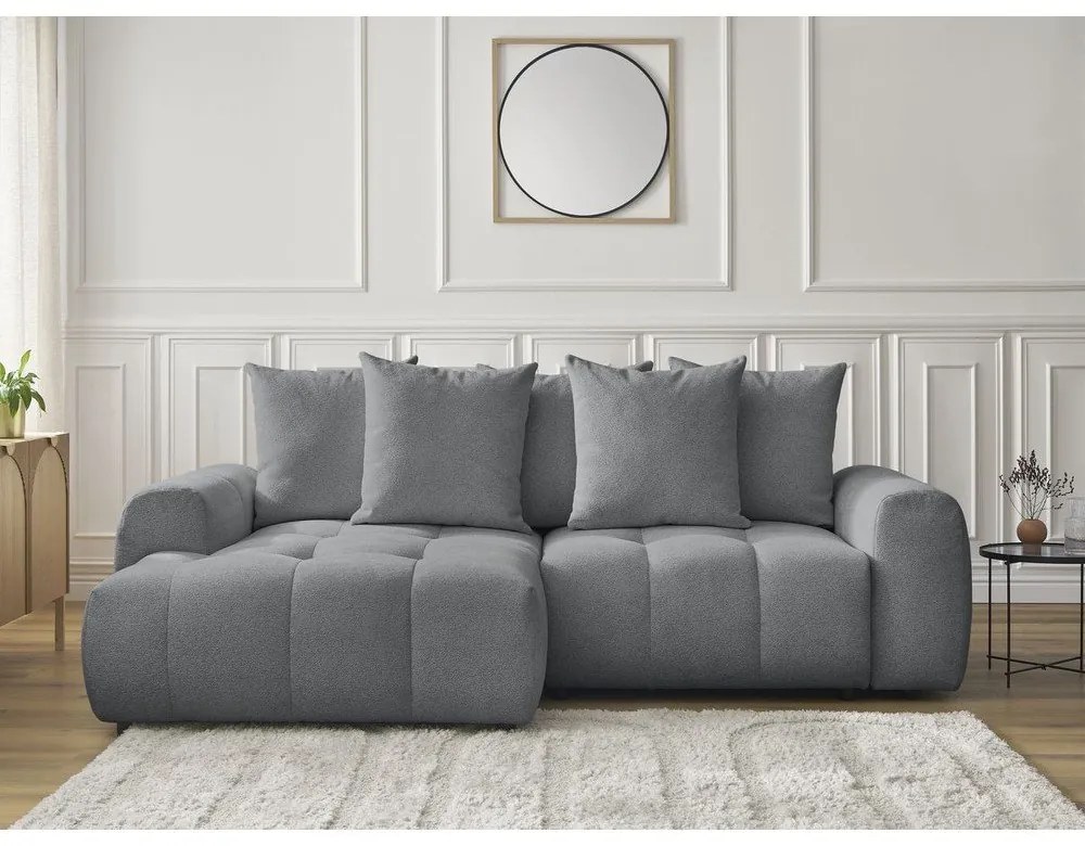 Сив шенилов разтегателен ъглов диван с място за съхранение (ляв ъгъл) Roxelane – Bobochic Paris