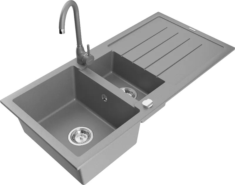 Mexen Andres гранитна мивка 1,5 камери с отцедник и кухненски смесител Telma, сив - 6515-71-670200-71
