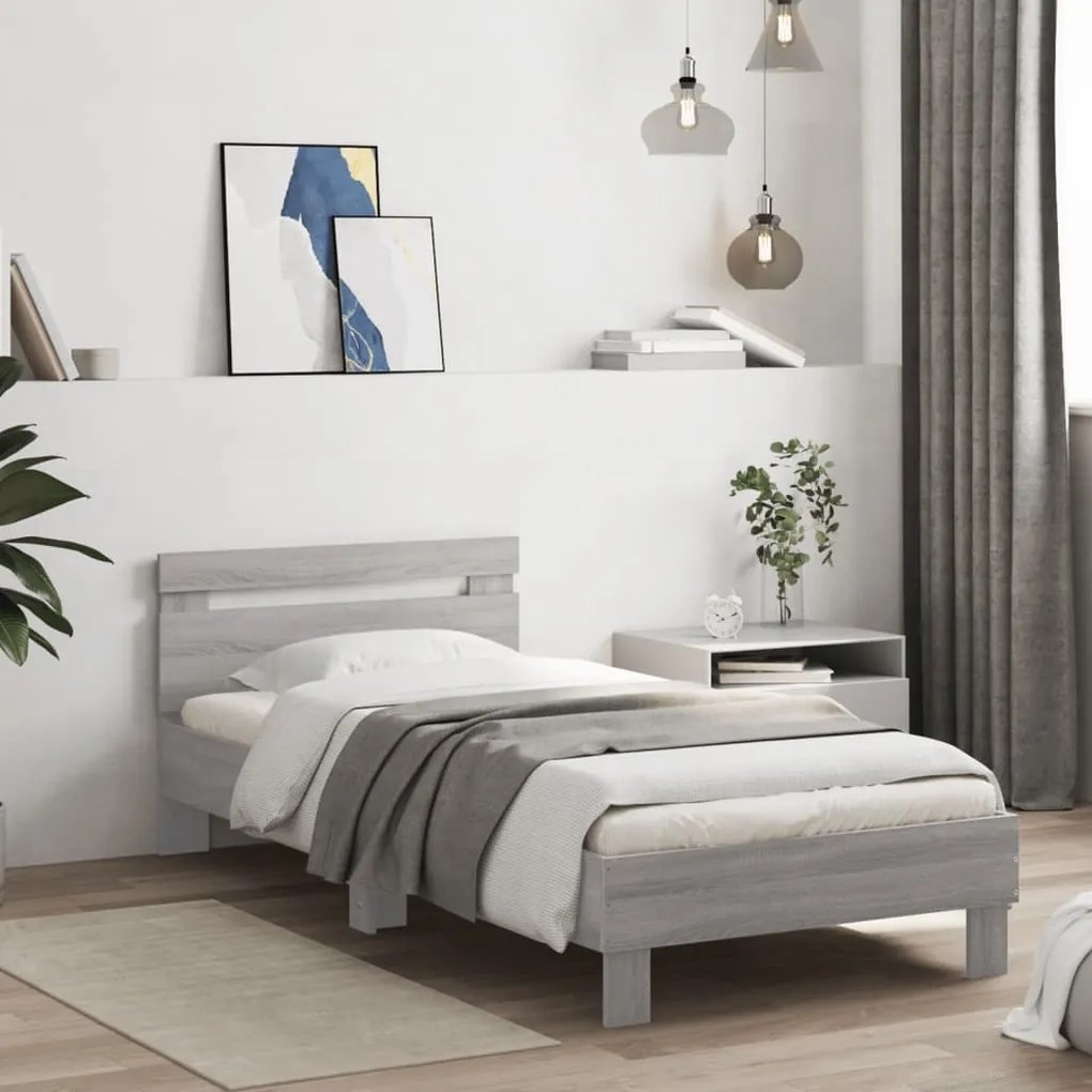 838538 vidaXL Рамка за легло с табла, сив сонома, 90x200 см, инженерно дърво