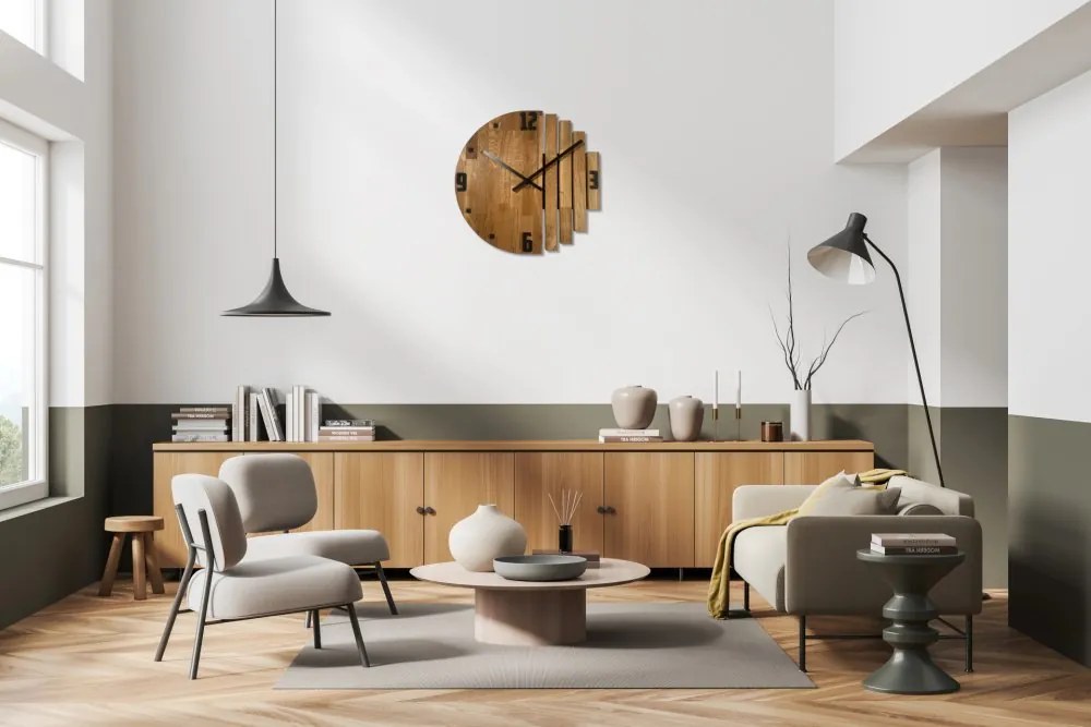 Дизайнерски дъбов стенен часовник ASYMETRIA с безшумен ход - 50 cm