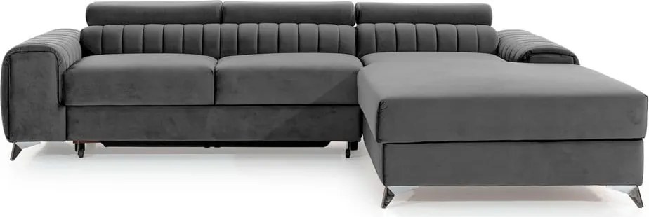 Тъмносив кадифен разтегателен ъглов диван с място за съхранение (десен ъгъл) Grayson – ELTAP
